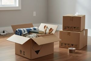 gebrauchte Umzugskartons nebeneinander in Wohnung